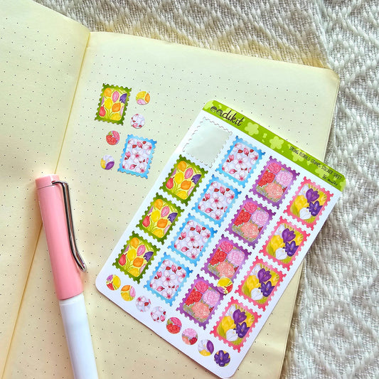 Spring Florals Stamps Sticker Sheet | Tulips, Cherry Blossoms or Sakura, Peonies, Crocus